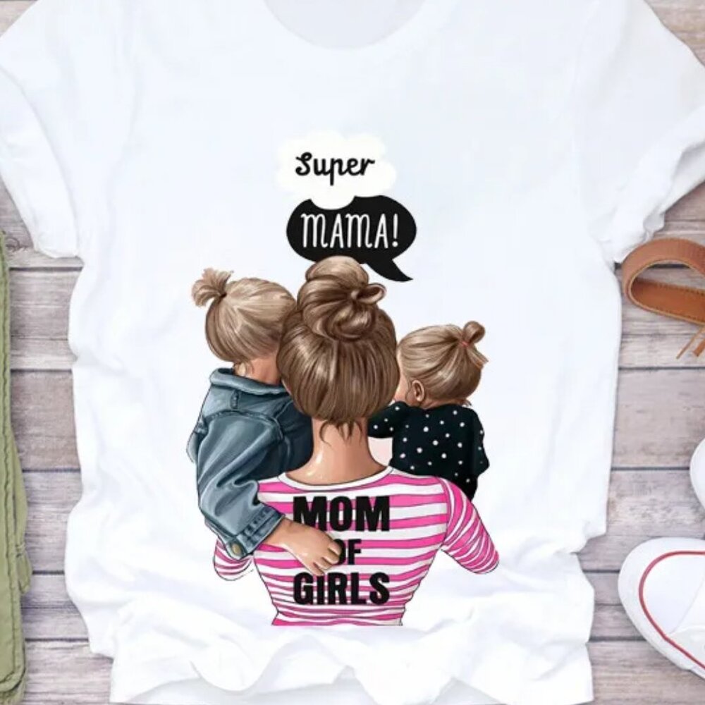 Super MAMA Mom of GIRLS Printed Round Neck Short-Sleeved Women T-Shirt